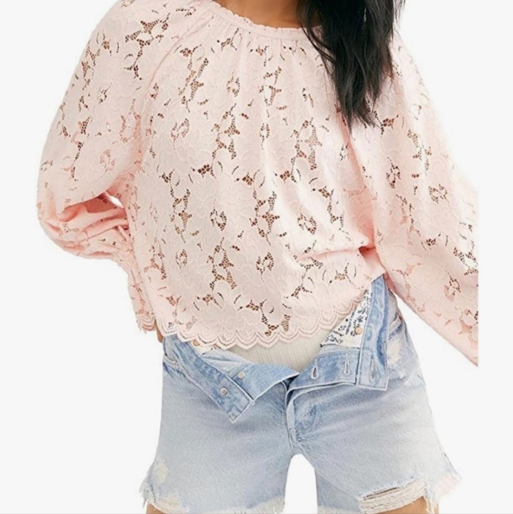 Free People, Olivia, Romantic Pink Lace Long Flare Sleeve XL